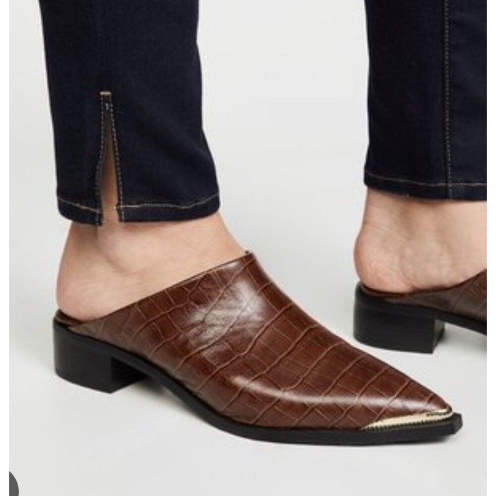 Senso Linnea Mules Brown Leather Distressed Croc-embossed pointed block heel 10